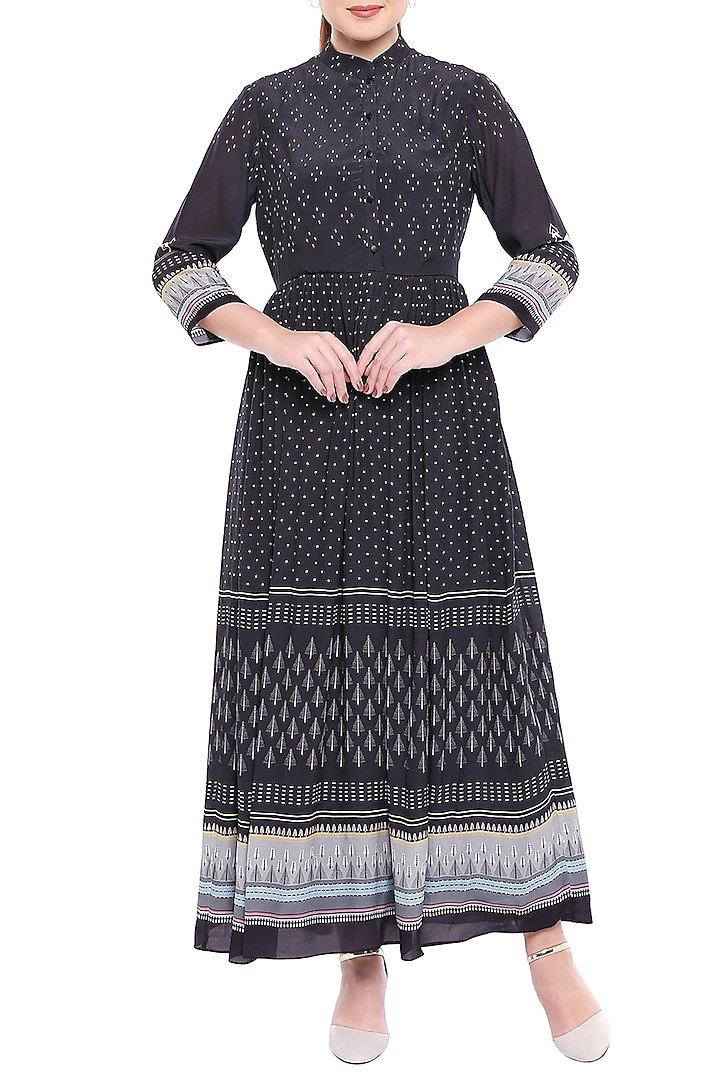 Black Printed Maxi Dress With Chinese Collar by Label SO US