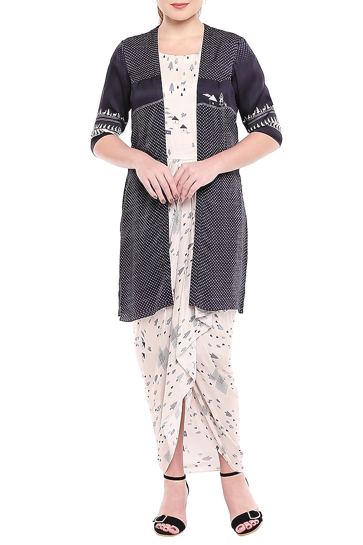 Black Jacket With Printed Drape Summer Dress by Label SO US at Pernia's Pop Up Shop