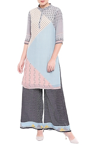 Powder Blue & Nude Pink Printed Tunic With Black Palazzo Pants by Label SO US