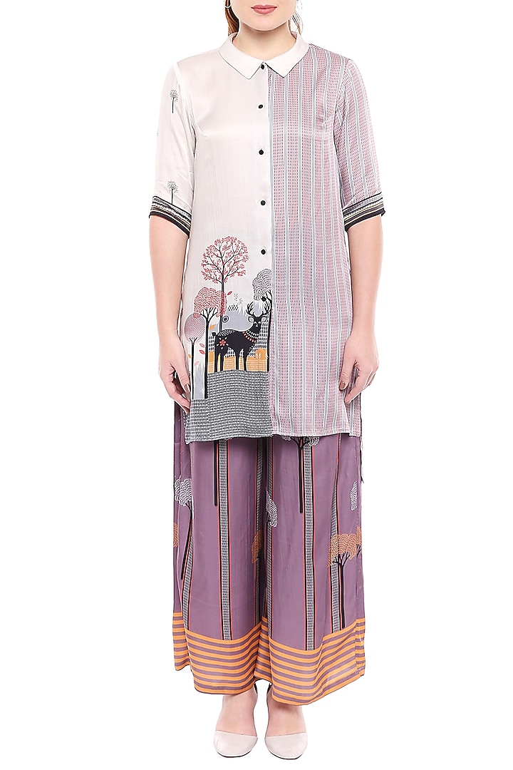 Lavender & Ivory Printed Long Top With Palazzo Pants by Label SO US