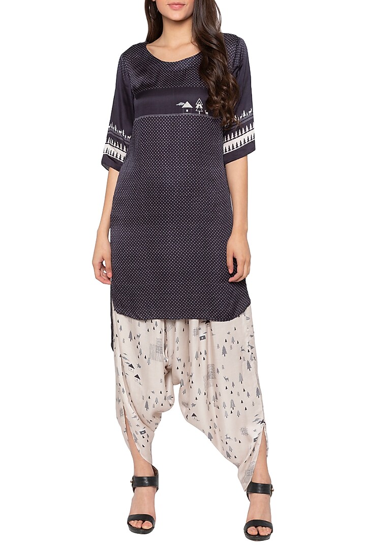 Black Printed High-Low Kurta With Dhoti Pants by Label SO US