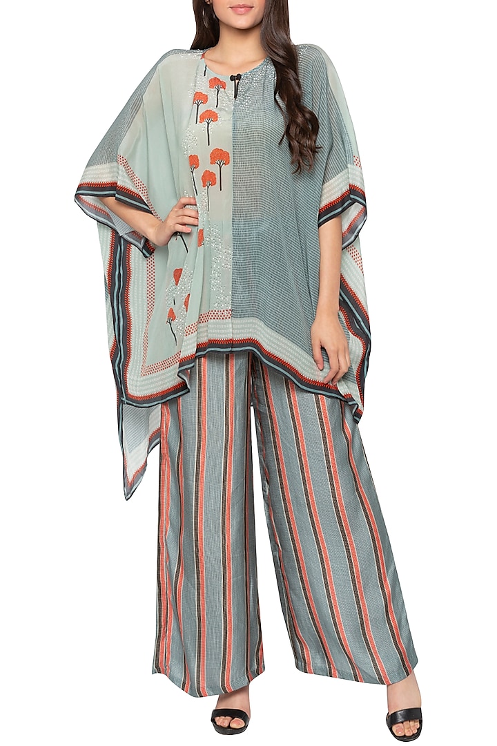 Powder Blue & Grey Printed Cape Top With Palazzo Pants by Label SO US