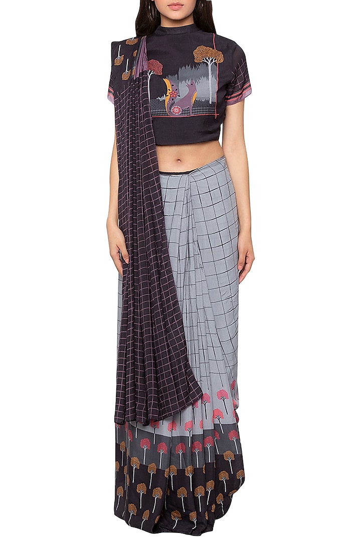 Grey & Black Printed Drape Saree Set by Label SO US