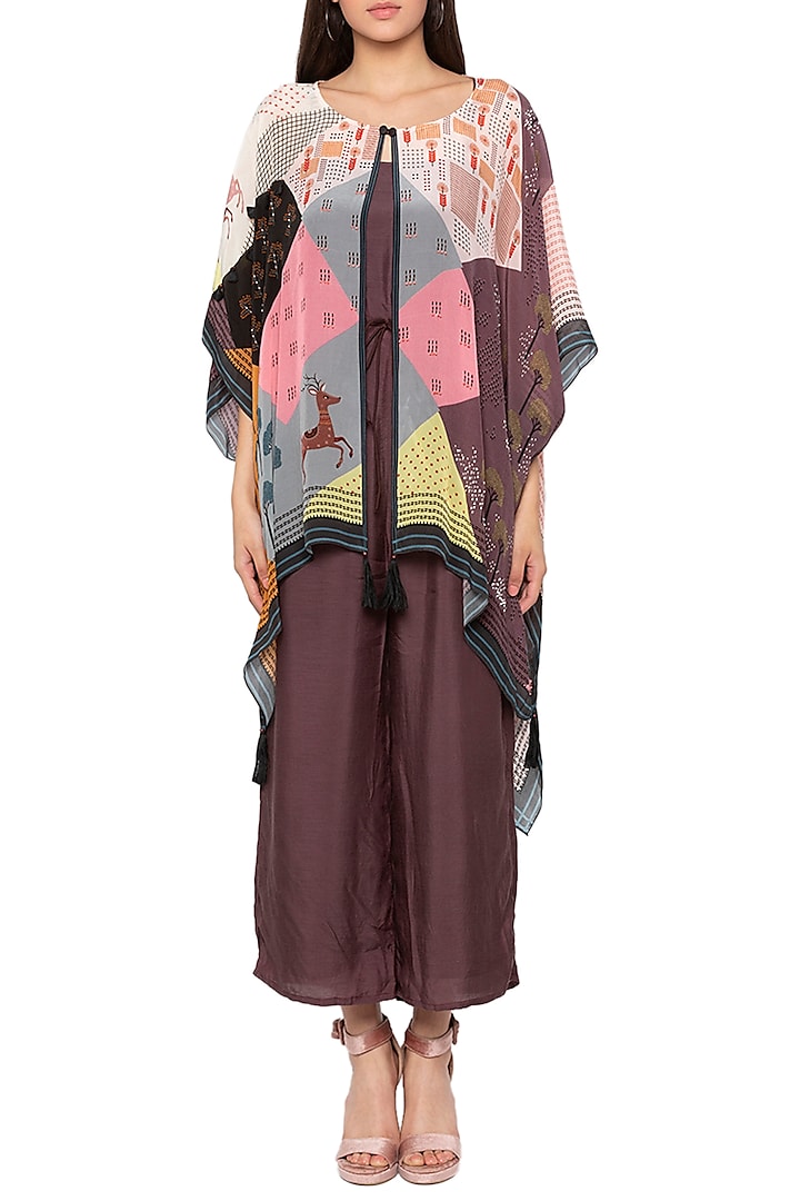 Brown Jumpsuit With Printed Cape Jacket by Label SO US