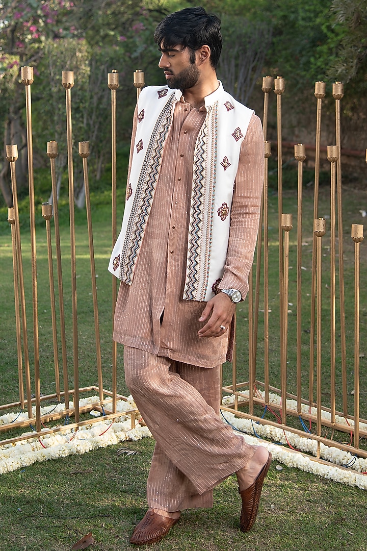 Ivory Handmade Cotton Embroidered Indo-Western Set by Soniya G Men at Pernia's Pop Up Shop