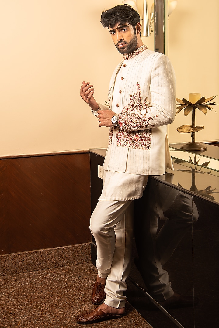 Off-White Handloom Silk Embellished Jodhpuri Set by Soniya G Men