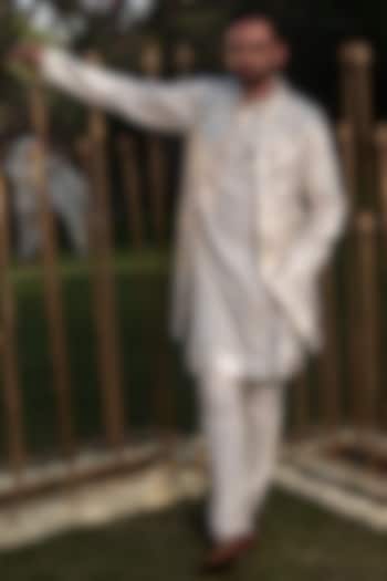Ivory Handloom Silk Kurta Jacket Set by Soniya G Men at Pernia's Pop Up Shop