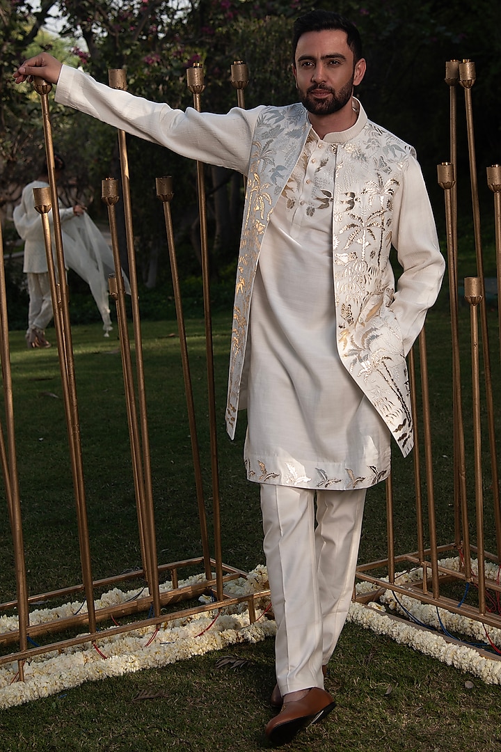 Ivory Handloom Silk Kurta Jacket Set by Soniya G Men at Pernia's Pop Up Shop