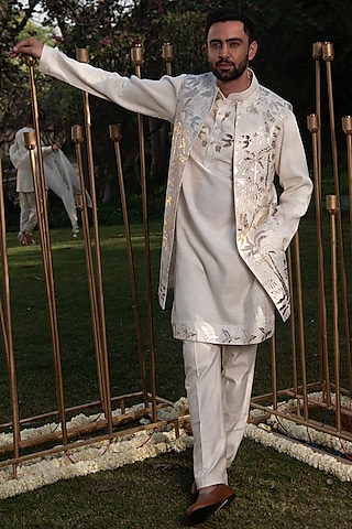 Ivory Handloom Silk Kurta Jacket Set by Soniya G Men