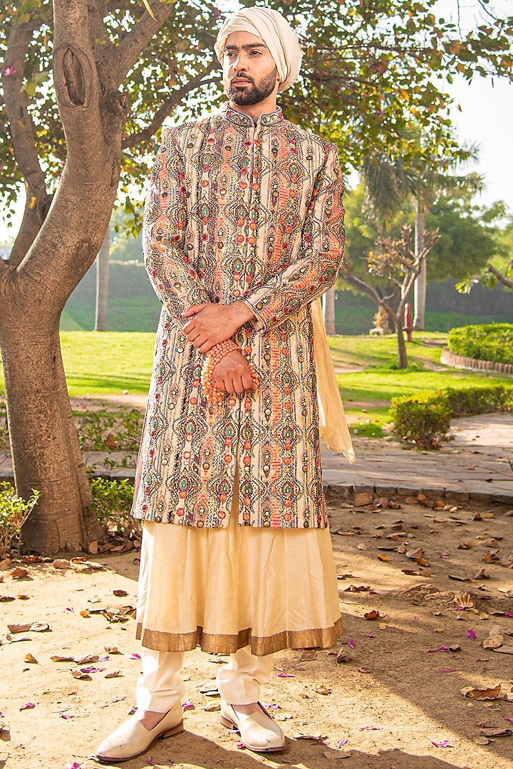 Ivory Pure Handloom Silk Embellished Sherwani Set by Soniya G Men