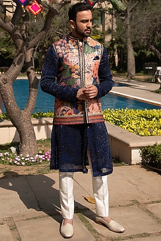 Multi-Colored Georgette Printed Bundi Jacket Set by Soniya G Men