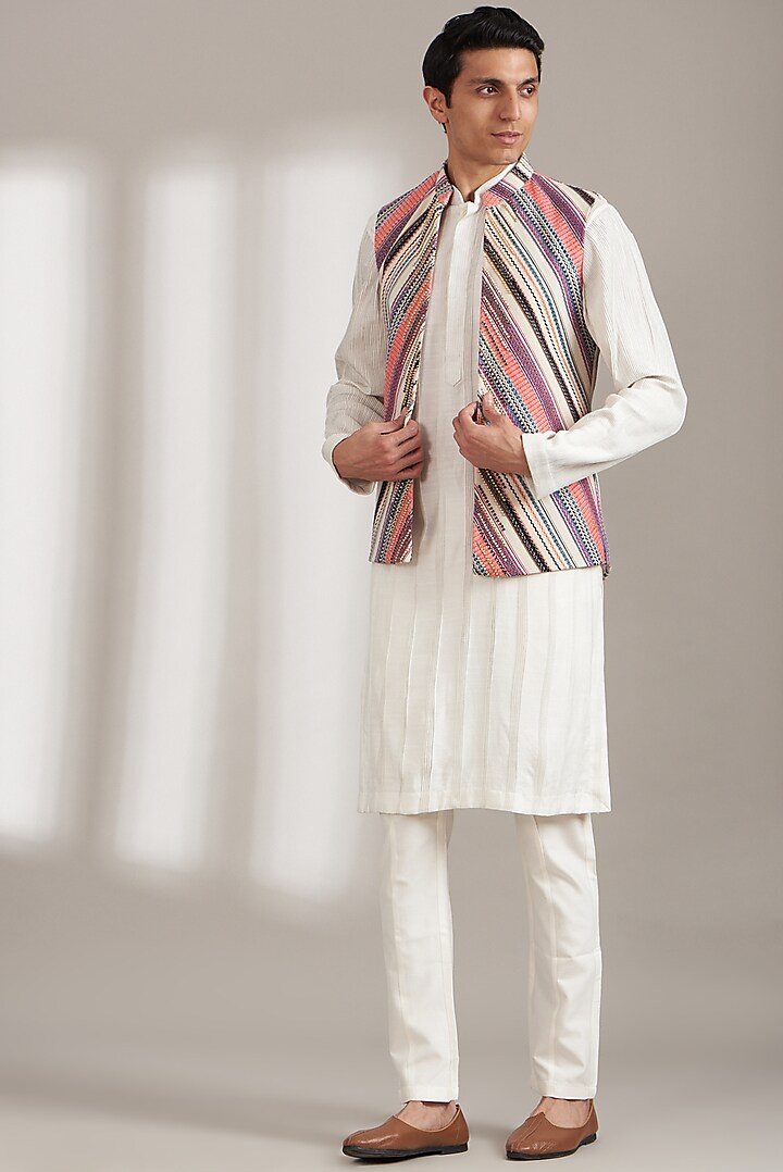 Ivory Pure Handloom Silk Printed Bundi Set by Soniya G Men
