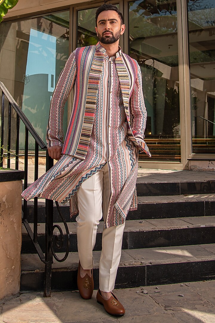 Multi-Colored Pure Handloom Silk Printed Indo-Western Set by Soniya G Men at Pernia's Pop Up Shop