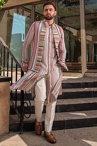 Multi-Colored Pure Handloom Silk Printed Indo-Western Set by Soniya G Men