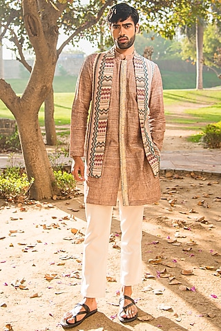 Ivory Handloom Silk Printed Indo-Western Set by Soniya G Men
