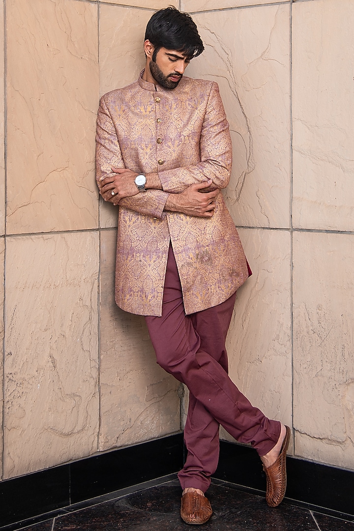 Pale Pink Handloom Silk Indowestern Set by Soniya G Men