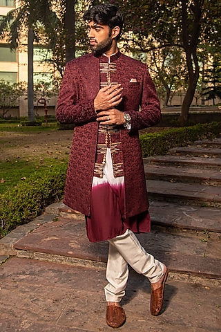Wine Jacquard Indowestern Set by Soniya G Men