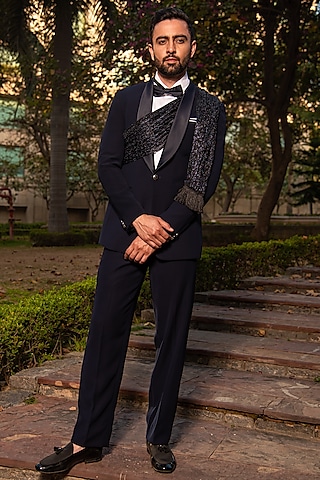 Midnight Blue Italian Crepe Tuxedo Set by Soniya G Men