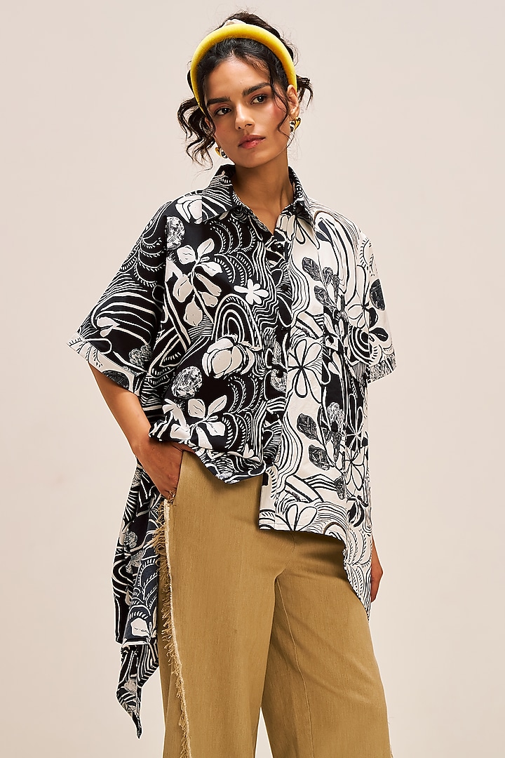 White Natural Cotton Poplin Botanic Printed Oversized Shirt by Spacelines at Pernia's Pop Up Shop