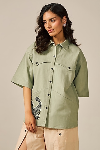 Frosty Green Cotton & Spandex Yarn Shirt by Spacelines