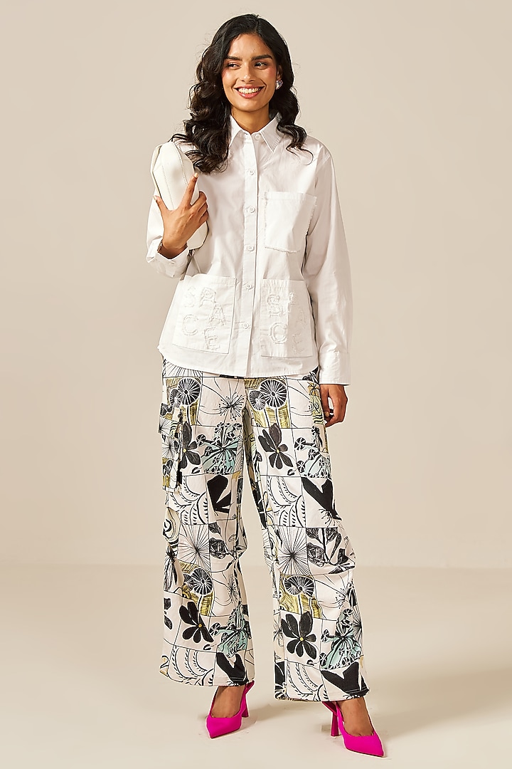 White Cotton & Spandex Botanic Printed Pants by Spacelines at Pernia's Pop Up Shop