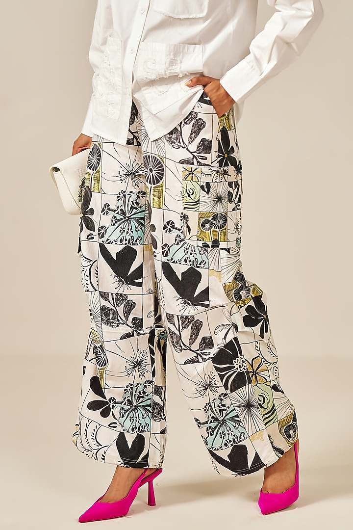 White Cotton & Spandex Botanic Printed Pants by Spacelines at Pernia's Pop Up Shop