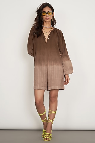 Chicory Coffee Natural Cotton Dobby Dip-Dyed Jumpsuit by Spacelines
