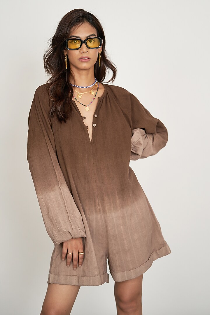 Chicory Coffee Natural Cotton Dobby Dip-Dyed Jumpsuit by Spacelines at Pernia's Pop Up Shop