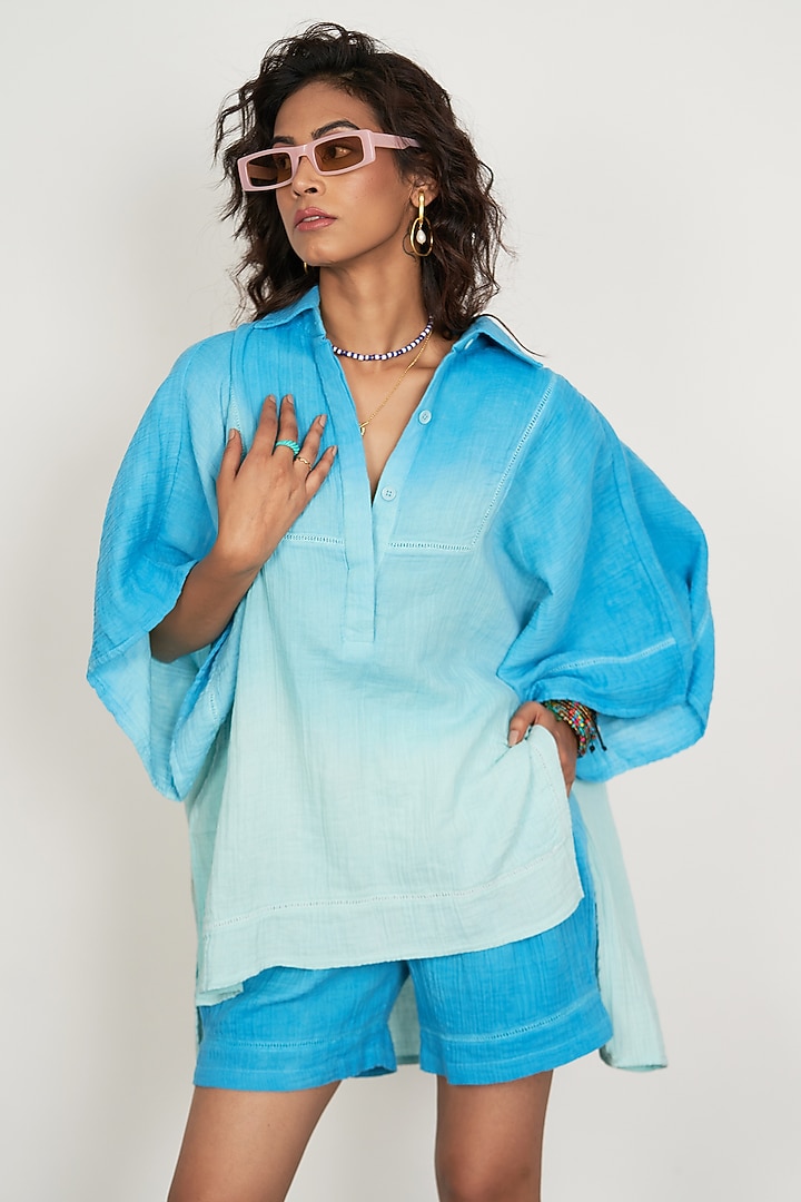 Aqua Glass Natural Cotton Gauze Ombre-Dyed Co-Ord Set by Spacelines at Pernia's Pop Up Shop