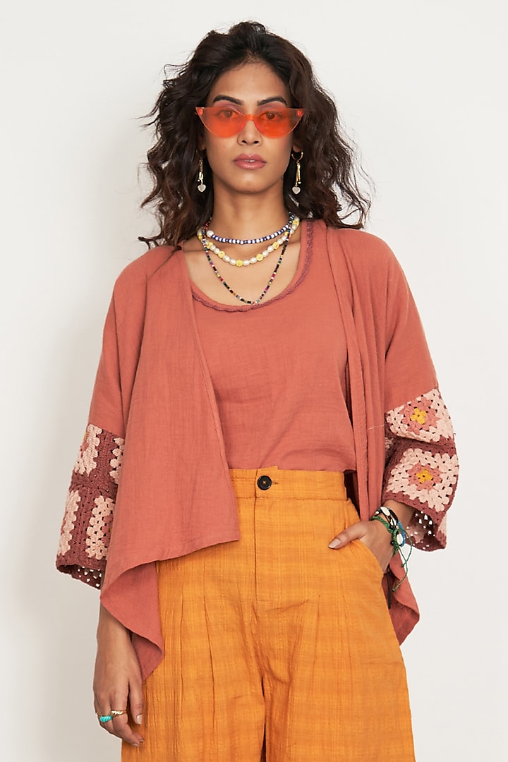 Rust Brown Natural Cotton Gauze Crochet Embroidered Cape With Camisole by The Space Lines