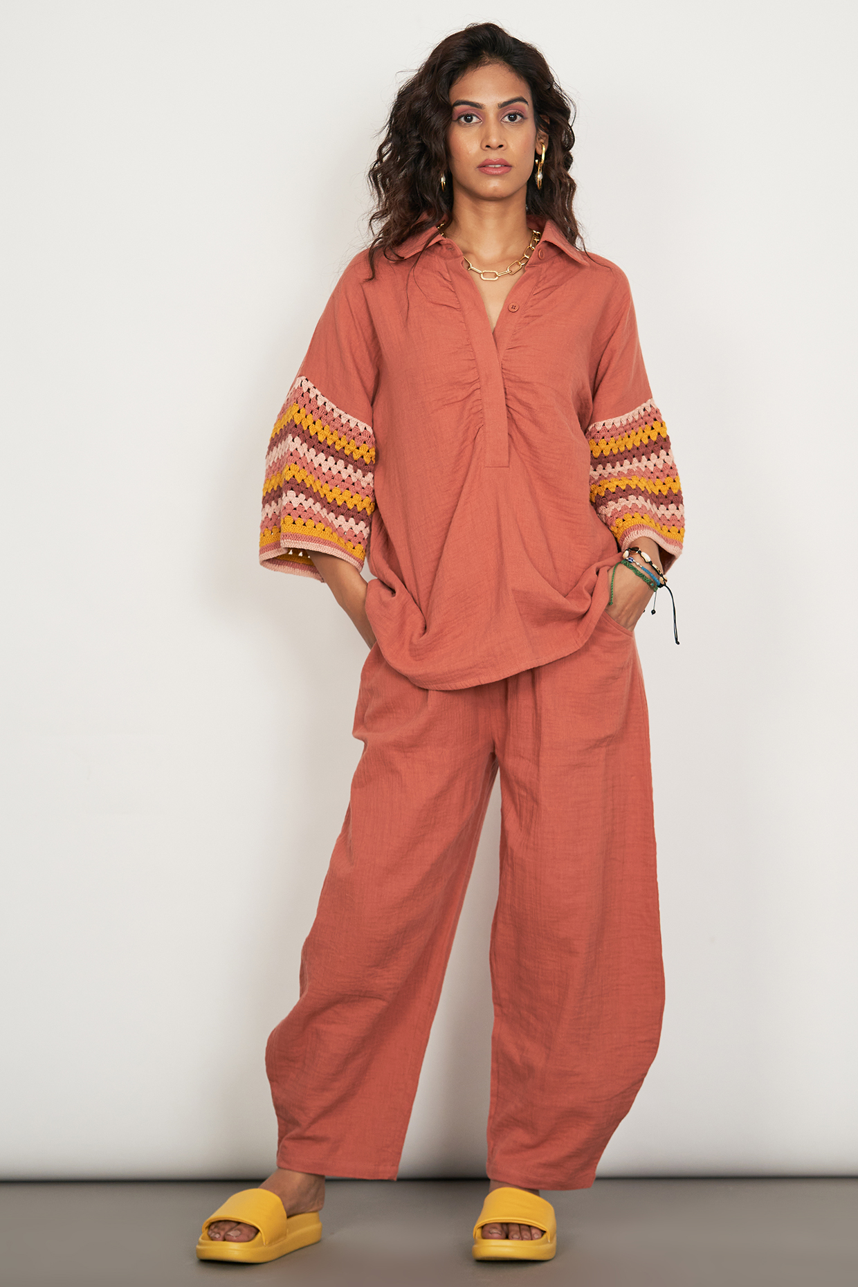 Rust Brown Natural Cotton Gauze Crochet Work Co-Ord Set by Spacelines at Pernia's Pop Up Shop