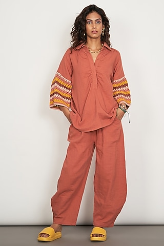 Rust Brown Natural Cotton Gauze Crochet Work Co-Ord Set by Spacelines