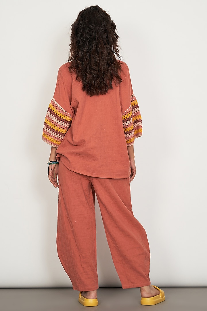 Rust Brown Natural Cotton Gauze Crochet Work Co-Ord Set by Spacelines at Pernia's Pop Up Shop