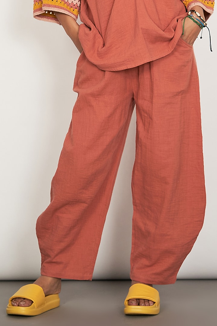 Rust Brown Natural Cotton Gauze Crochet Work Co-Ord Set by Spacelines at Pernia's Pop Up Shop