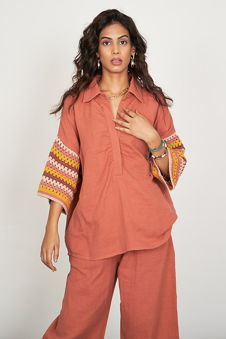 Rust Brown Natural Cotton Gauze Crochet Work Co-Ord Set by Spacelines at Pernia's Pop Up Shop