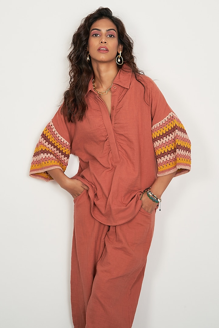 Rust Brown Natural Cotton Gauze Crochet Work Co-Ord Set by Spacelines at Pernia's Pop Up Shop