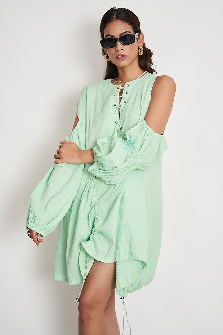 Mint Natural Cotton Gauze Cold Shoulder Summer Dress by Spacelines at Pernia's Pop Up Shop