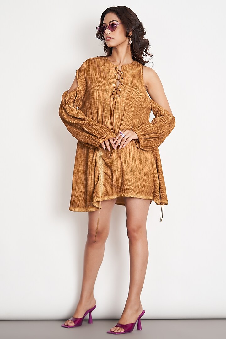 Spicy Mustard Natural Cotton Gauze Cold Shoulder Dress by The Space Lines