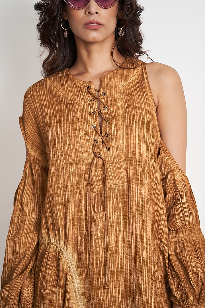 Spicy Mustard Natural Cotton Gauze Cold Shoulder Summer Dress by Spacelines at Pernia's Pop Up Shop