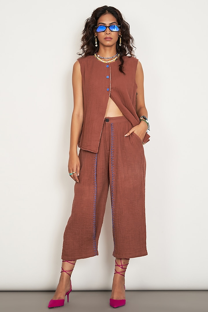 Rustic Brown Natural Double Cotton Gauze Co-Ord Set by The Space Lines