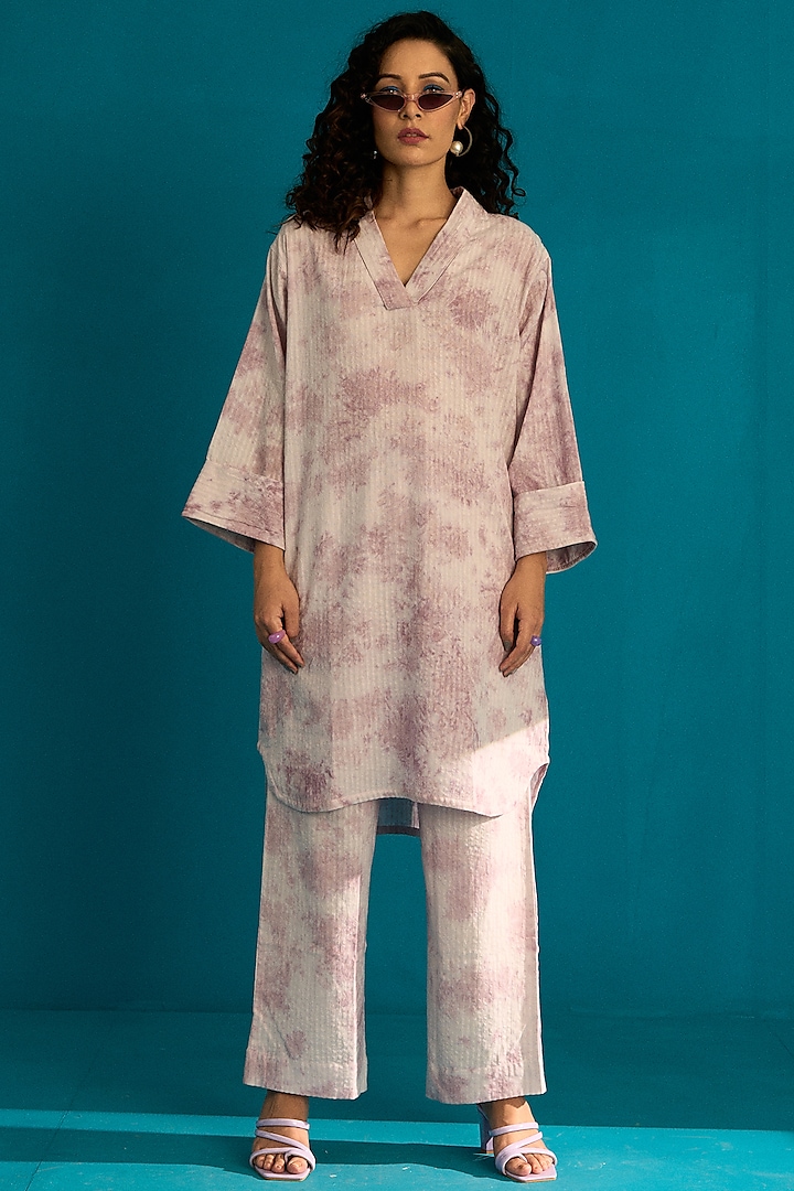 Lavender Natural Cotton Seersucker Tie & Dye Tunic Set by The Space Lines