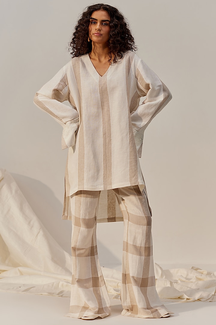 Cream Linen Viscose High-Low Tunic Set by The Space Lines