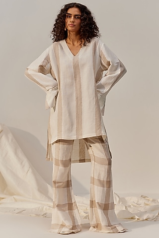 Cream Linen Viscose High-Low Tunic Set by Spacelines
