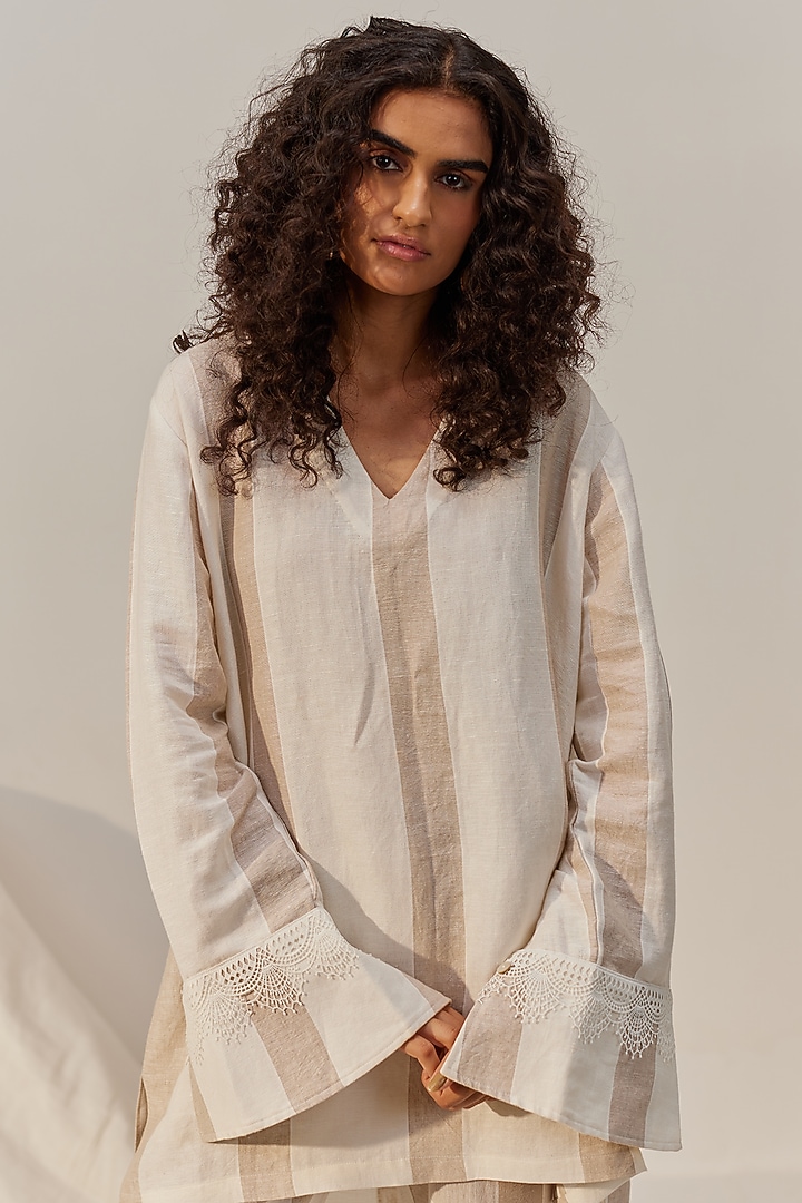 Cream Linen Viscose High-Low Tunic Set by Spacelines at Pernia's Pop Up Shop