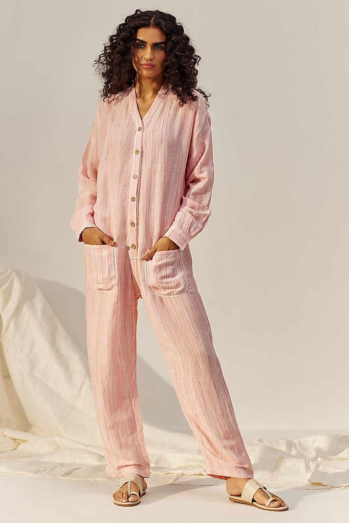 Lobster Bisque Pink Linen Viscose Jumpsuit by The Space Lines