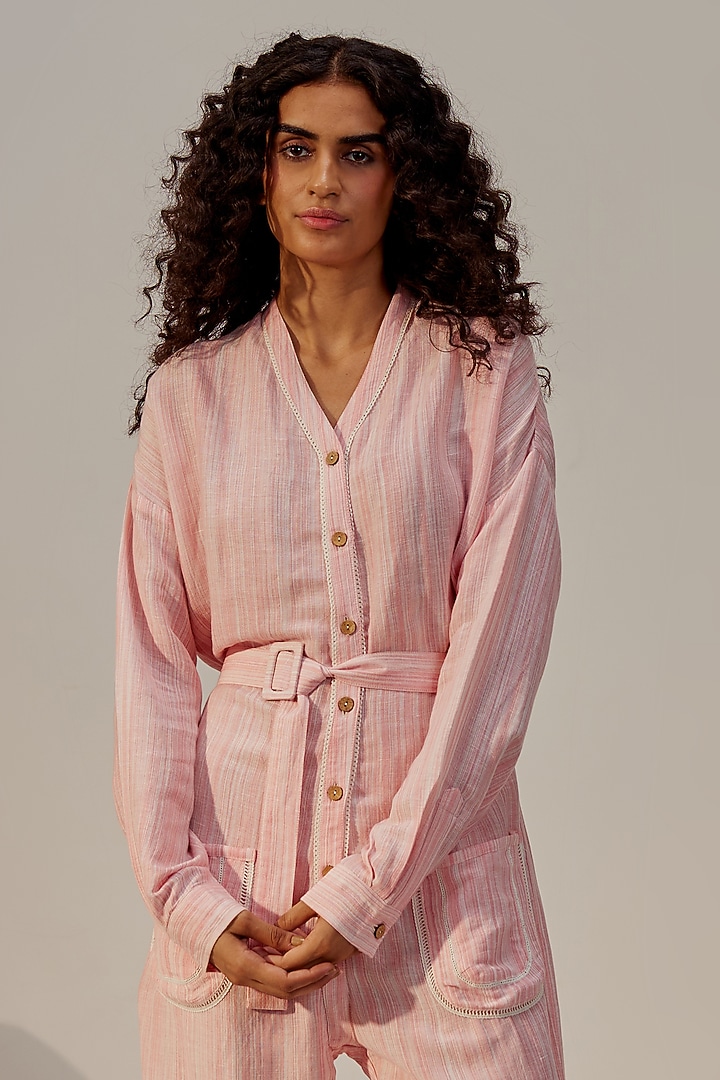 Lobster Bisque Pink Linen Viscose Jumpsuit by Spacelines at Pernia's Pop Up Shop