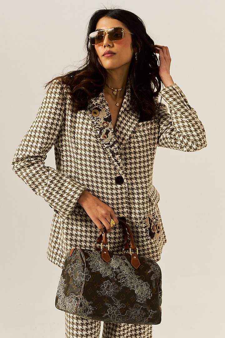 Beige Cotton Houndstooth Woolen Checkered Blazer by Spacelines at Pernia's Pop Up Shop