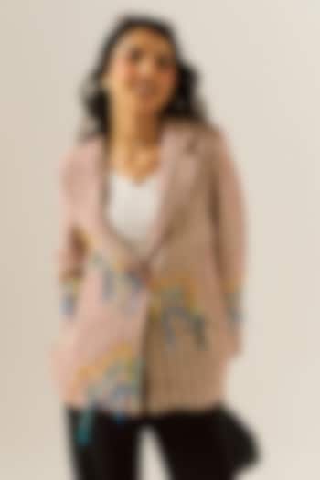 Pink Cotton Woolen 3D Tassels Embroidered Checkered Blazer by Spacelines at Pernia's Pop Up Shop