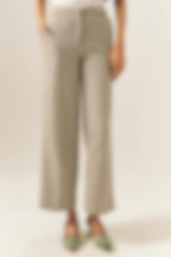 Beige Cotton Houndstooth Woolen Checkered Straight Pants by Spacelines at Pernia's Pop Up Shop