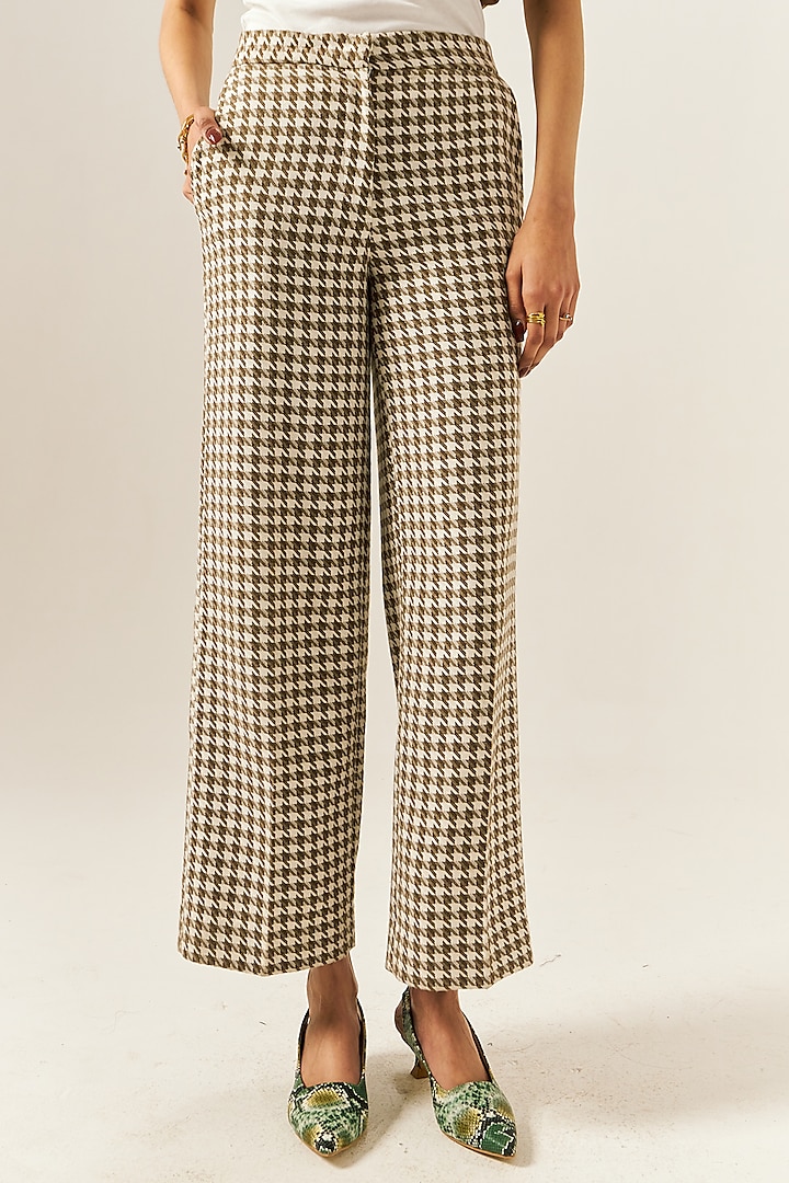 Beige Cotton Houndstooth Woolen Checkered Straight Pants by Spacelines at Pernia's Pop Up Shop
